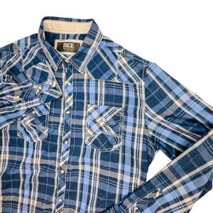 BKE Mens Athletic Fit Blue Plaid Western Pearl Snap Long Sleeve Shirt L 11534FPW